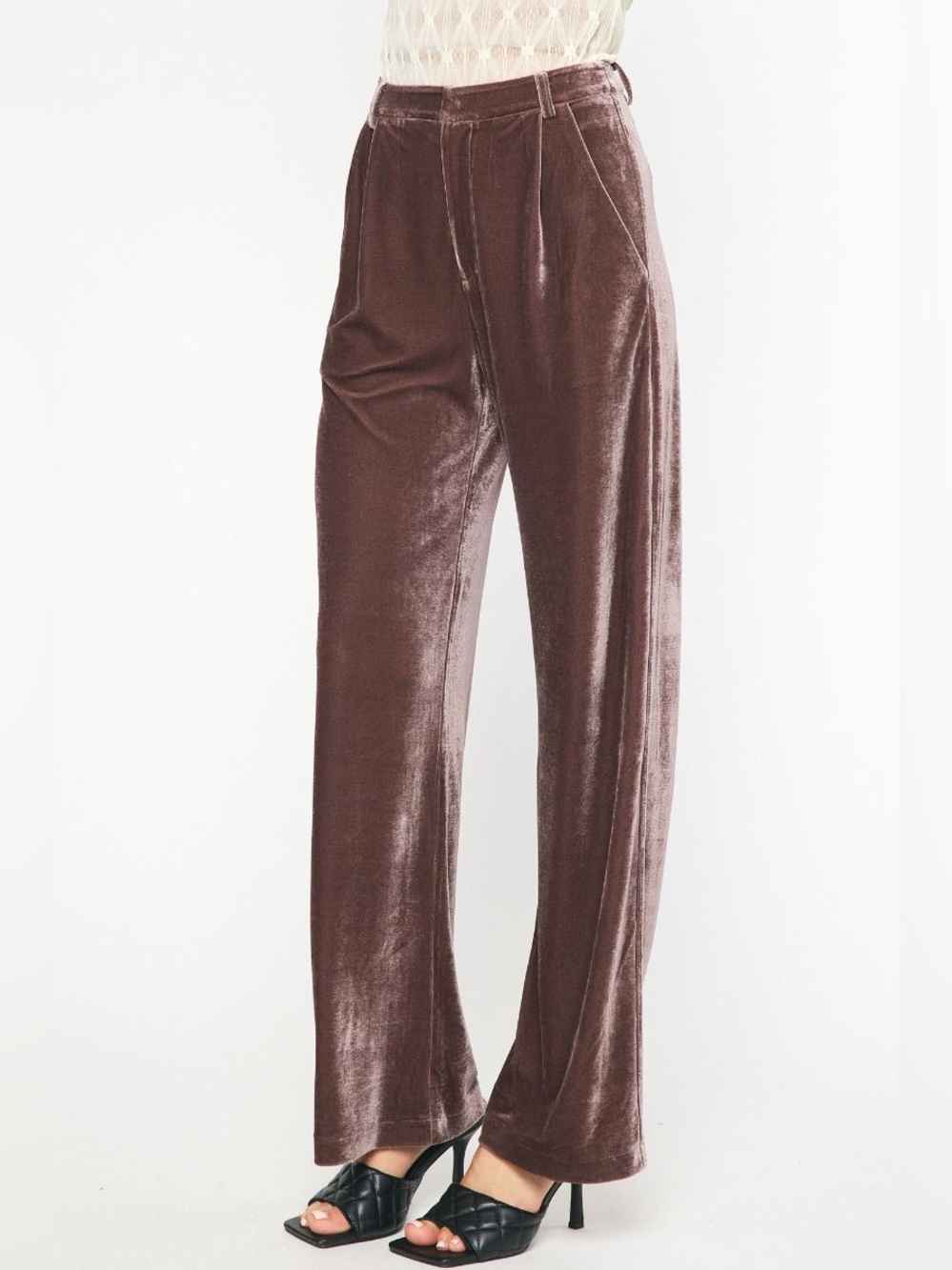 NWT Entro Velvet High-Rise Wide-Leg Pants in Mocha Sz: S, M, L
